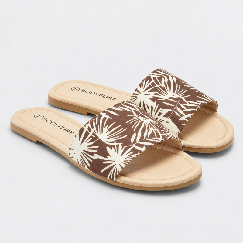 Slides for Women by BodyFlirt, Beige with Tropical Leaf Print, Sizes 36, 38 and 39