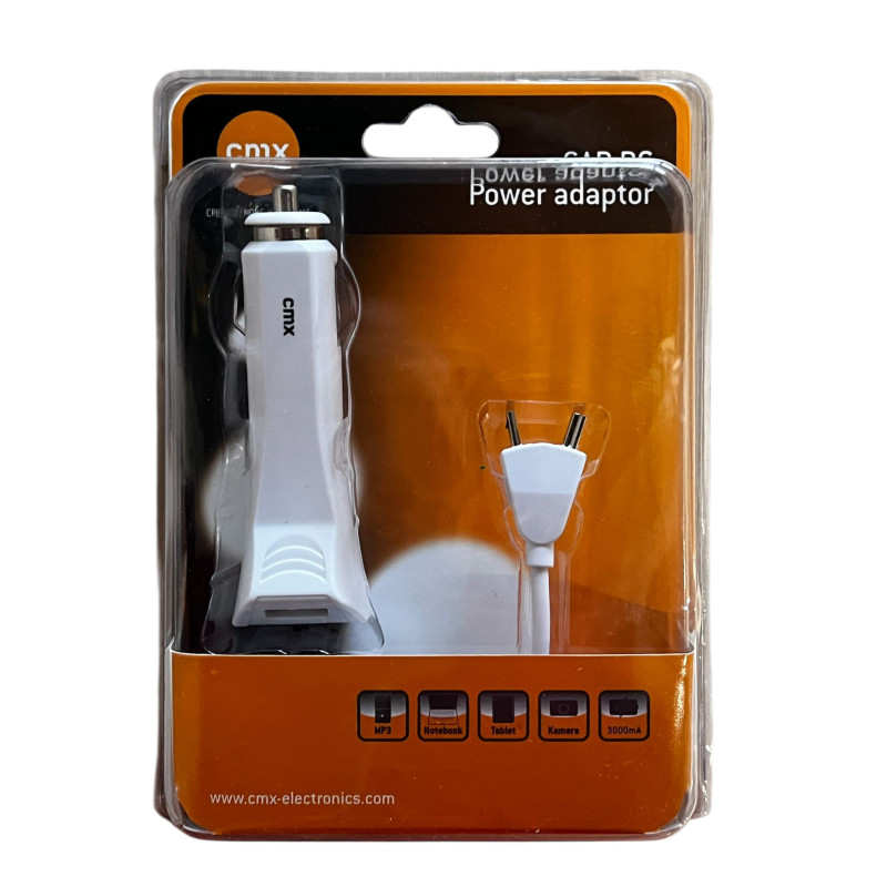 Cmx universal USB car charger (12V/3A), 2xUSB-A, USB-Mini, USB-Micro, white and black