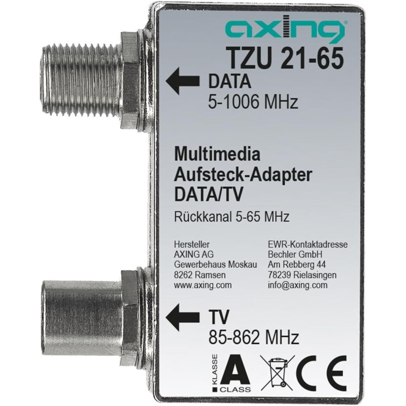 Axing TZU 21-65 multimediju spraudņa adapteris sadalītājs/apvienotājs, TV antena kabeļu modemam